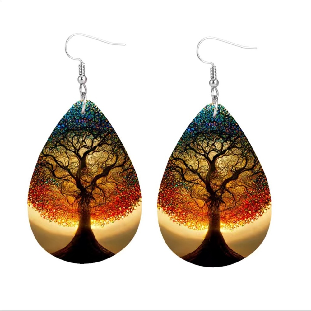 Tree of Life Leather Teardrop Drop Earrings